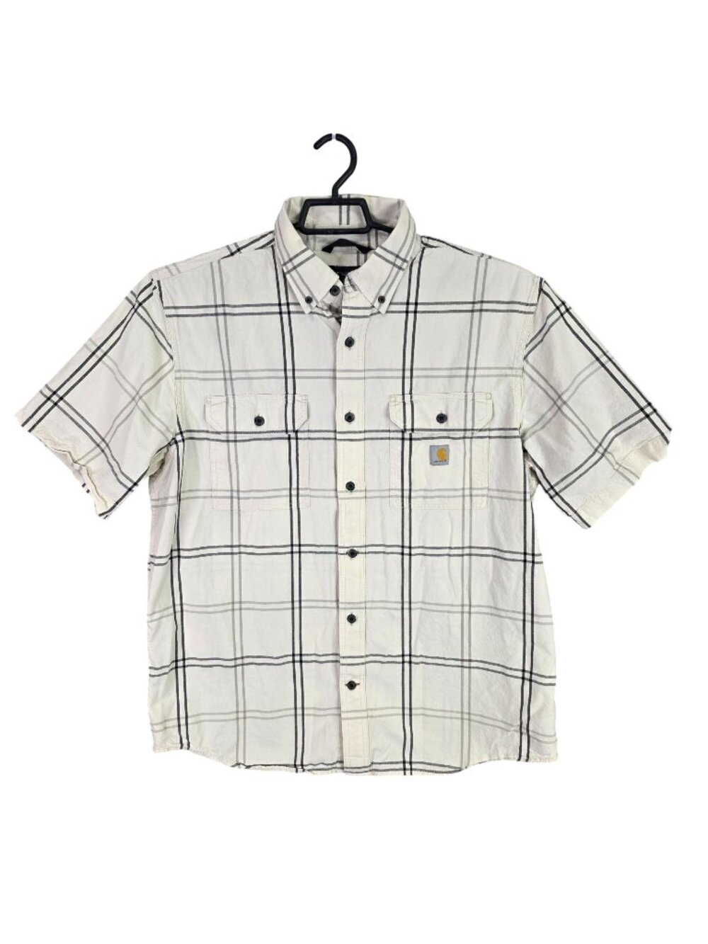 Mens Carhartt Loose Fit Beige Black Plaid Button-Up Shirt Short Sleeve Size L